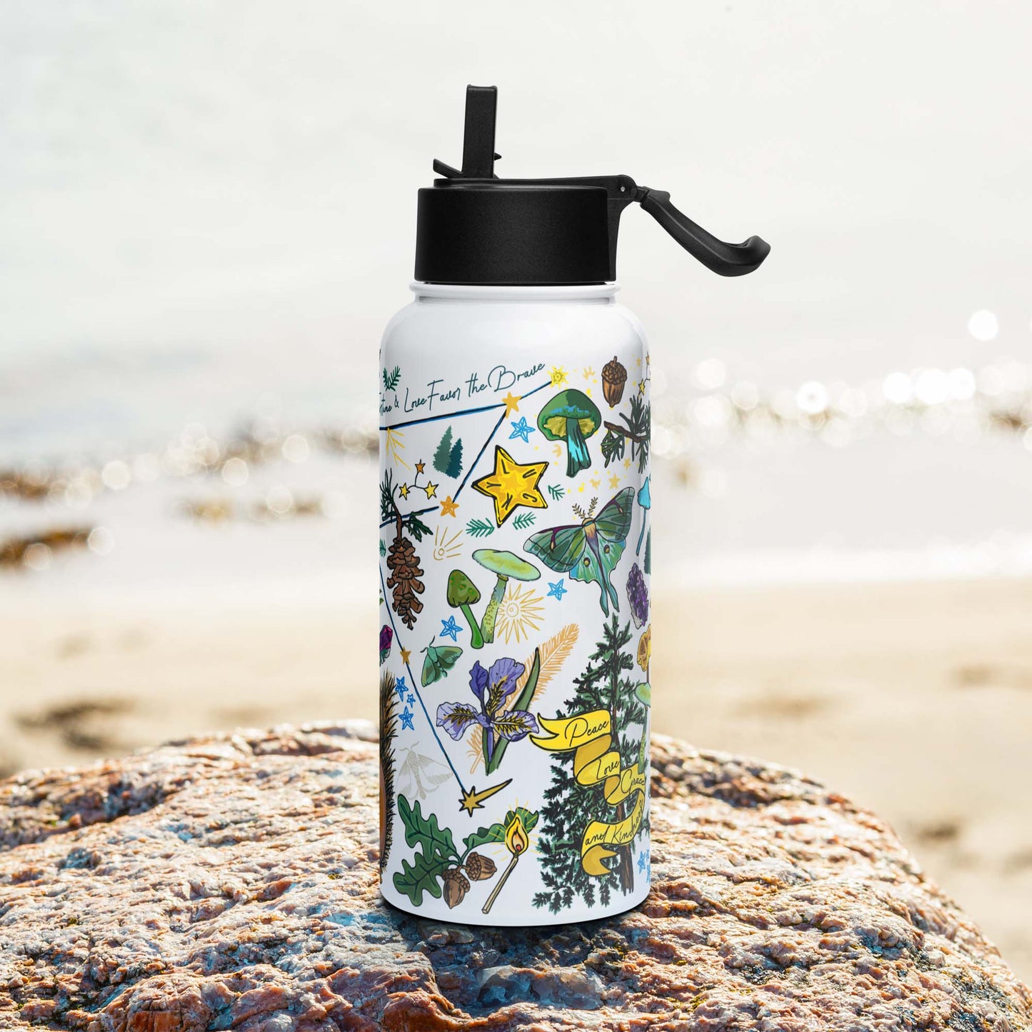 Right side of the Cygnus Stars and Squirrel Insulated Water Bottle with Straw Lid | Lucky Charms, Dragonfly, Crystals, Forest, Mushrooms | Outdoorsy Girl Gift