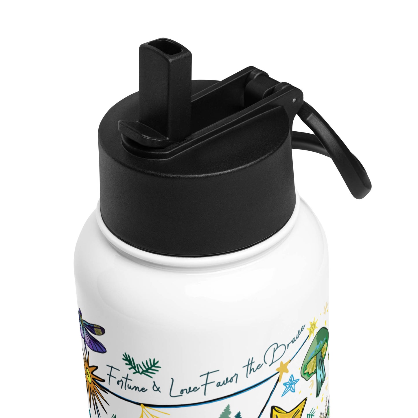 This is a close-up image of the black lid that shows the adjustable handle and the pop-up straw.