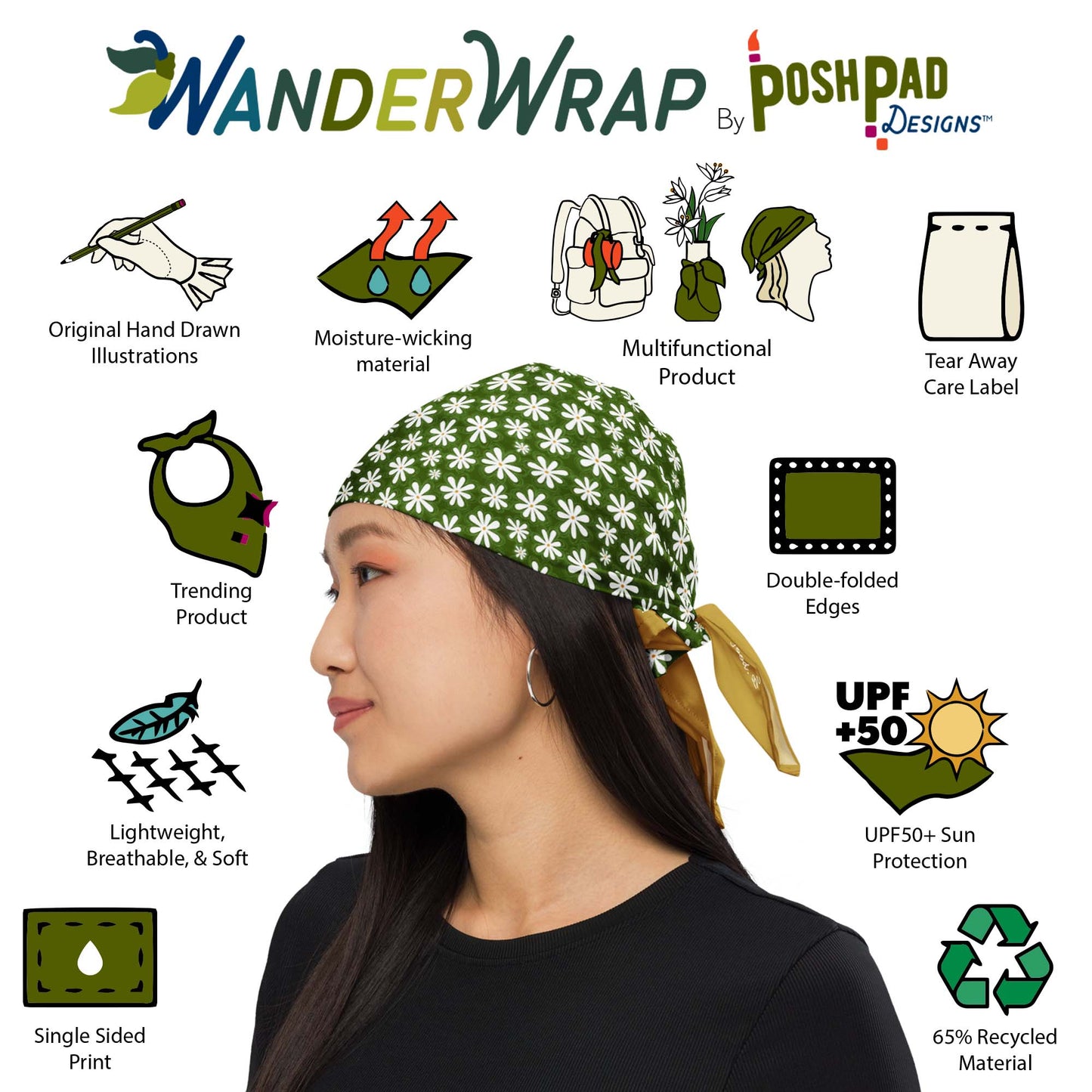 This is an image of illustrations showing features and a photo of a woman wearing the scarf bandana as a head wrap. Features include moisture-wicking recycled material, UPF sun protection, tear away label, trending product, and double-folded edges.