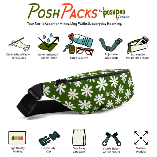 This is an infographic showing a photo of the pack with mini illustrations around it. The illustrations show the pack perks like the adjustable strap, extra pocket, large capacity, and water-resistant fabric.