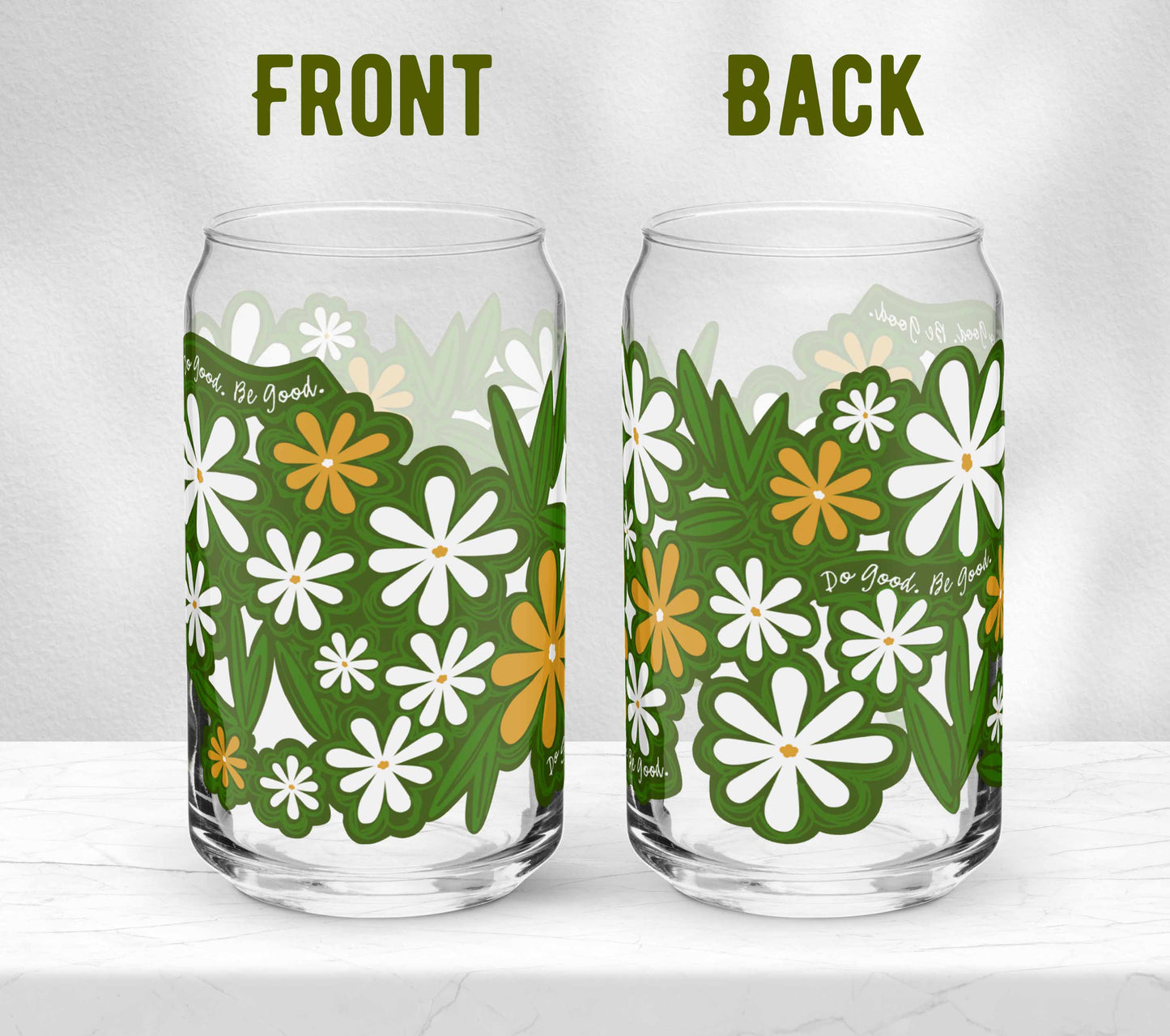 This is a photo showing both sides of the glass without the straw and lid. You can see the illustrations of constellations, the matches, crescent moon and the gloved hand of fate with the crossed arrows.