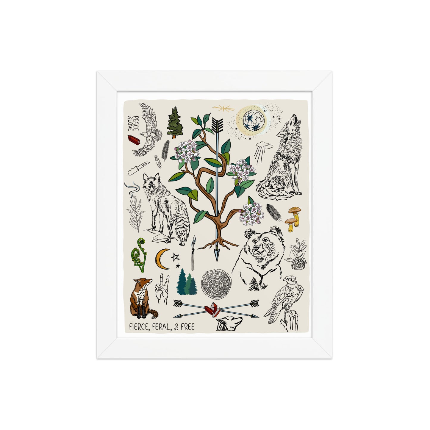 "Fierce, Feral, and Free" artwork with nature-themed illustrations including a bear, wolves, rhododendron, birds, a fox, crescent moon, full moon, mushrooms, arrows, and a pine forest on an ivory background. 8x10 art print, framed in a white wood frame.