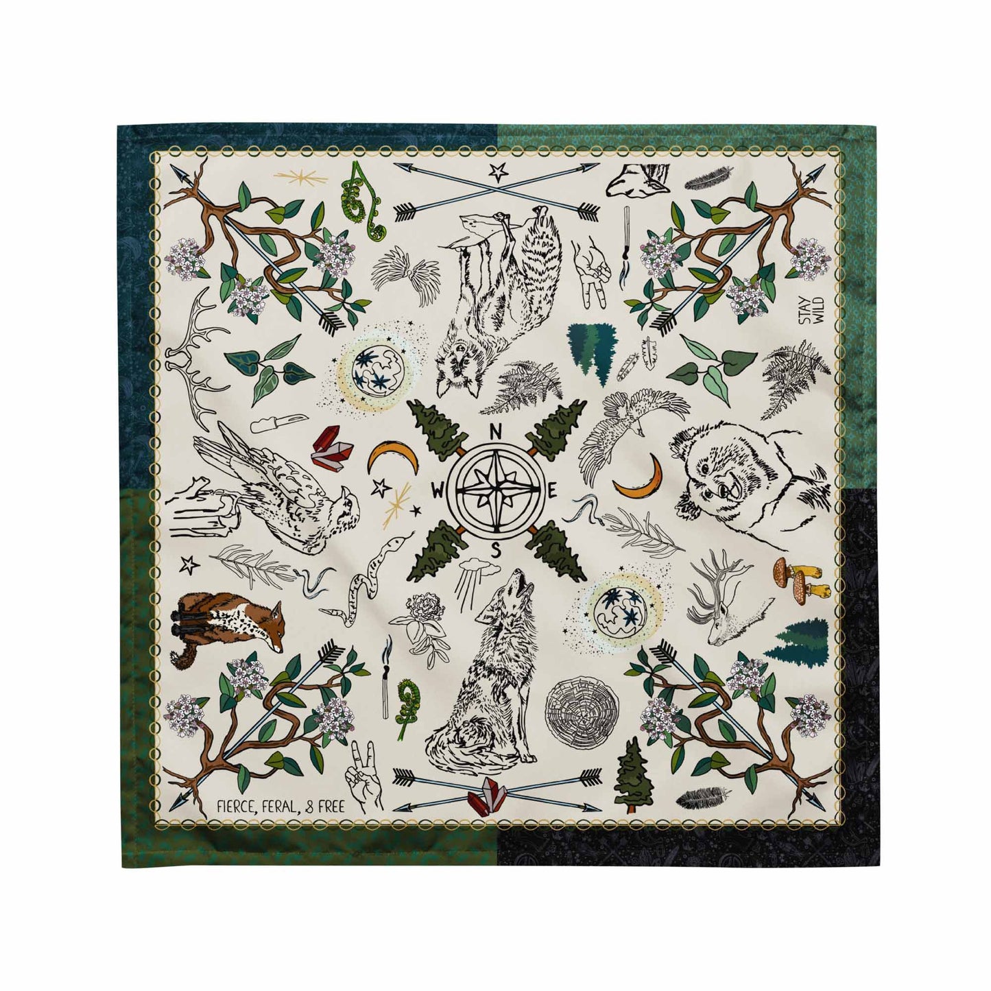 Fierce, Feral, and Free Bandana Scarf | Hiking Outfit | Head Wrap | Medium Size 21x21 Inches