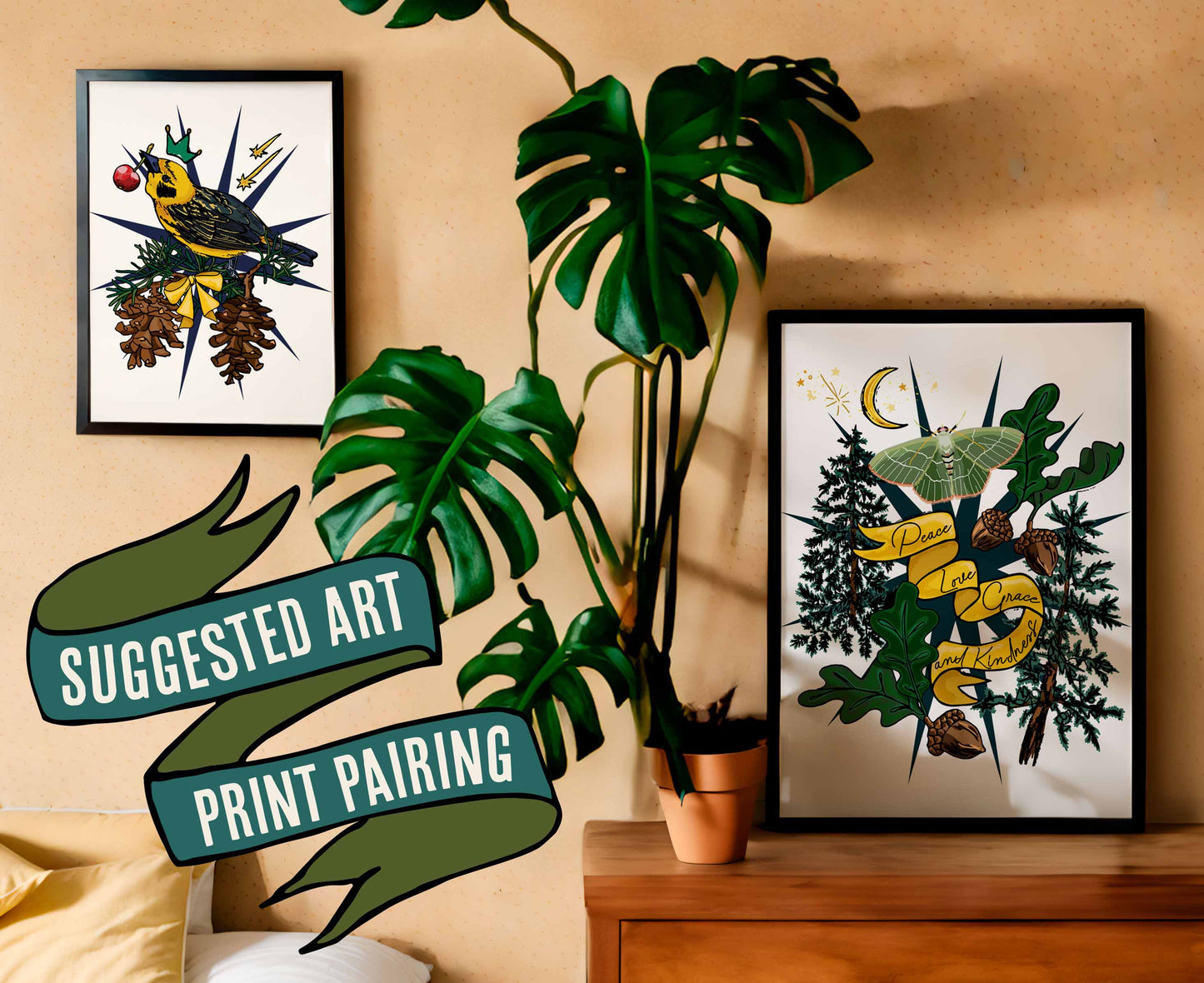 This photo shows a suggested art print pairing. This pairing shows the Crowned Golden Finch art print in a black frame on a dresser with a plant. The companion print is the Crescent Moon & Moth art print, which is in a black frame on the wall.