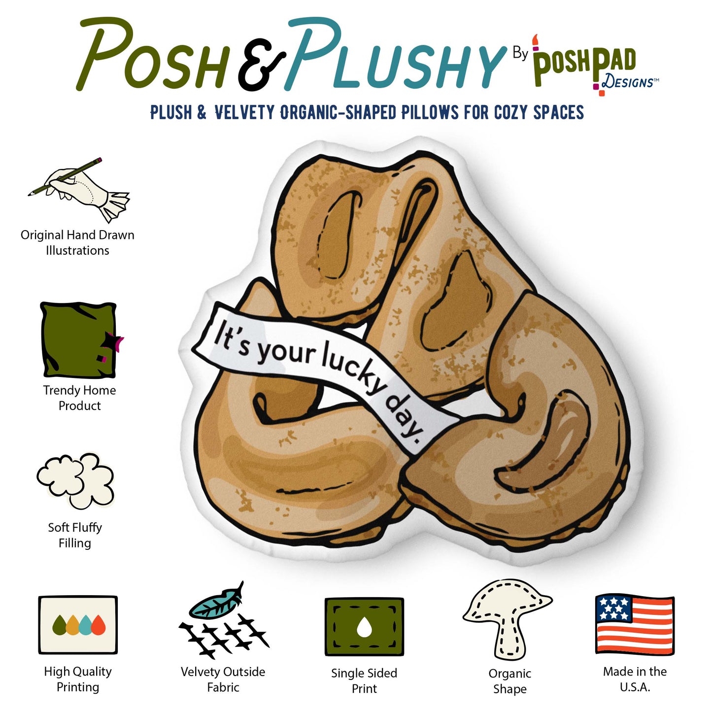 This is an infographic showing the pillow perks and product details. The perks listed are the velvety fabric, plush stuffing, high-quality printing with vibrant inks, and the fact that the product is made in the USA.