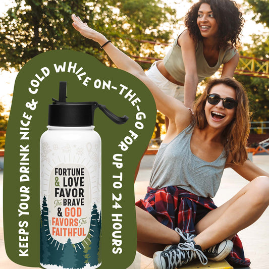 There is a photo of the water bottle laid on top of a green organic shape. The words "Keeps you drink nice & cold while on the go for up to 24 hours" are written around the water bottle. There's a background photo of two women in an urban setting. One woman is pushing the other on a skateboard.