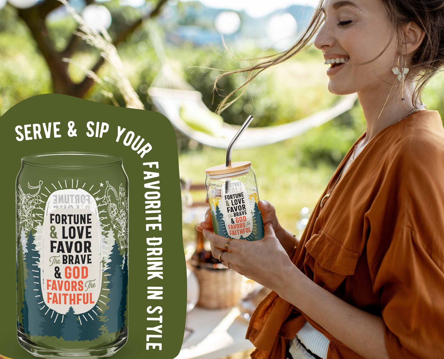 This is a photo of the glass. It's laid over an organic green shape with the words "Serve & sip your favorite drink in style" written around the glass. This is laid over a photo of a woman holding the glass at a picnic.