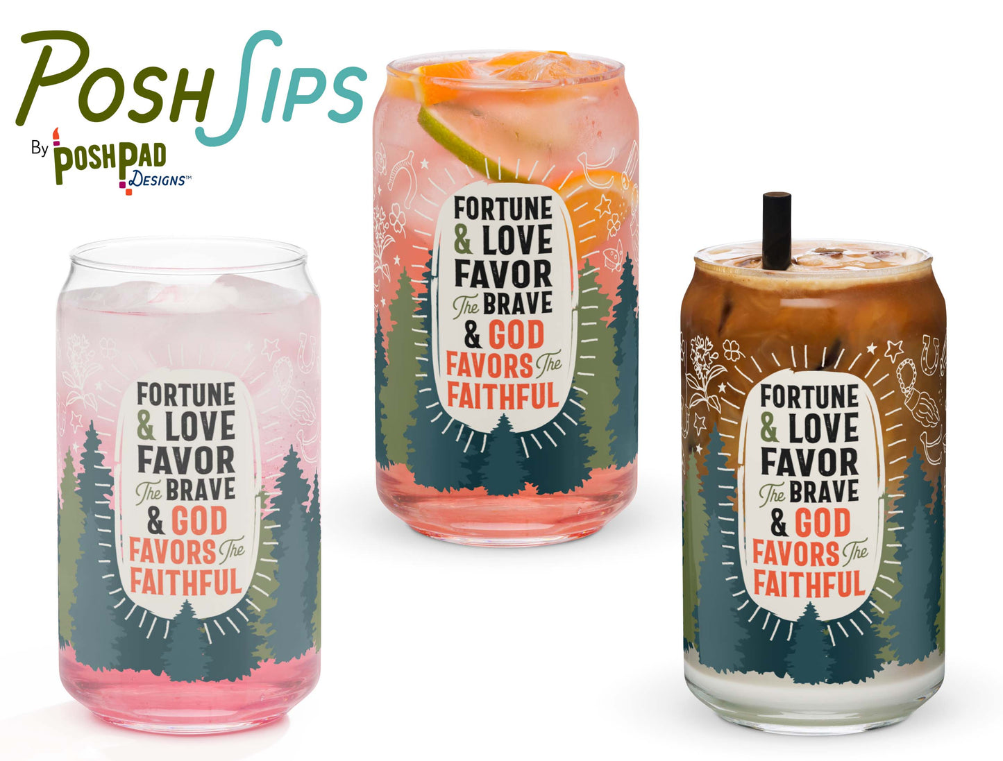 This image shows three glasses, each one with a different drink to show how the glass looks with differently colored liquid in it. There's a glass of pink drink, iced tea, and another with an iced latte.
