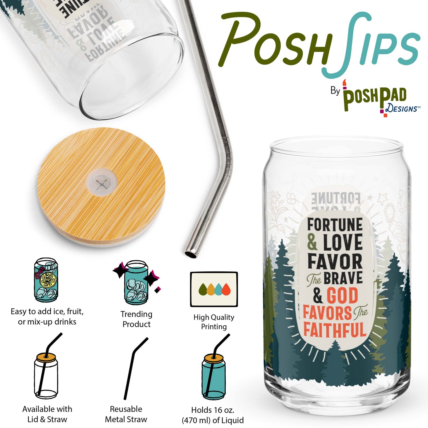 This infographic shows an angle of the glass with the lid and straw sitting beside it and a photo of the glass by itself. Product perks include a wide top that makes it easy to add ice and fruit, high-quality printing, an available option with a reusable metal straw and eco-friendly bamboo lid, and it holds 16 ounces of liquid.