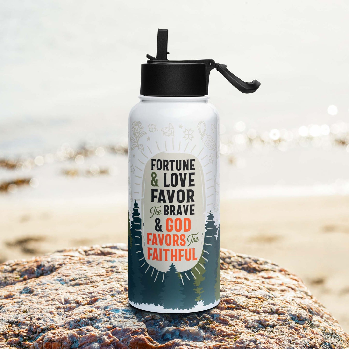 Right side of the Fortune & Love Insulated Water Bottle with Straw Lid | Appalachian Good Luck Charms | Outdoorsy Girl Gift