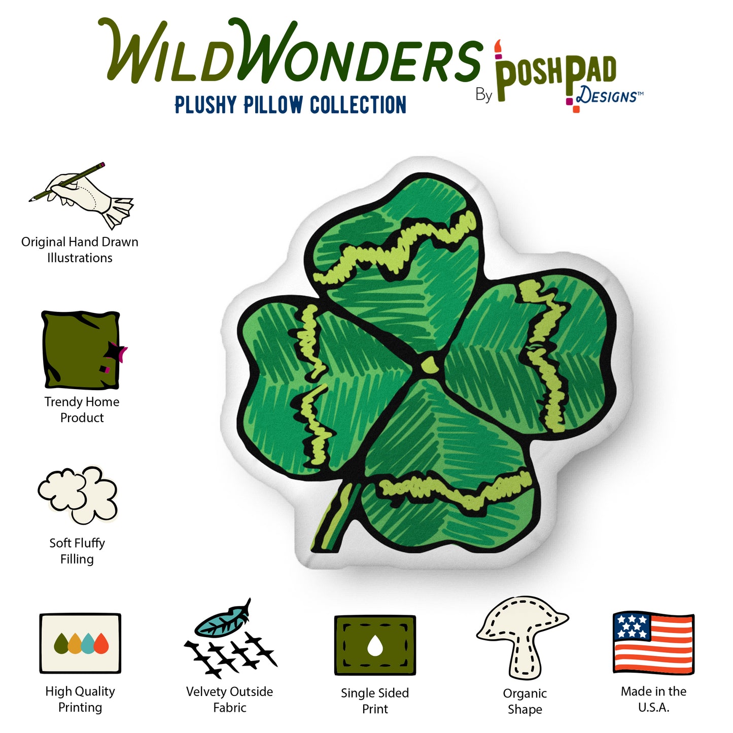 This is an infographic showing the pillow perks and product details. The perks listed are the velvety fabric, plush stuffing, high-quality printing with vibrant inks, and the fact that the product is made in the USA.