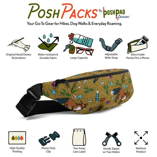 This is an infographic showing a photo of the pack with mini illustrations around it. The illustrations show the pack perks like the adjustable strap, extra pocket, large capacity, and water-resistant fabric.
