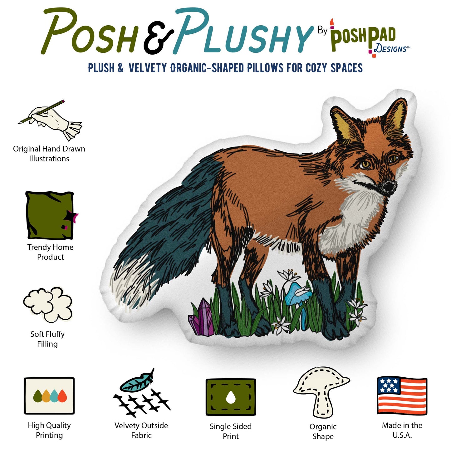 This is an infographic showing the pillow perks. Those perks include hand-drawn illustration, trending home product, soft fluffy filling, high-quality printing, velvety fabric, organic shape, and made in the U.S.A.