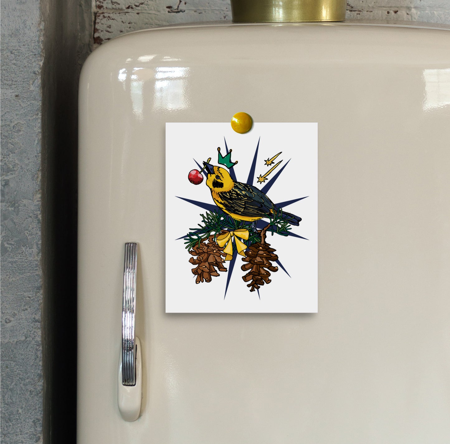 Crowned Golden Finch and Cherry art print hung on a refrigerator door with a magnet.