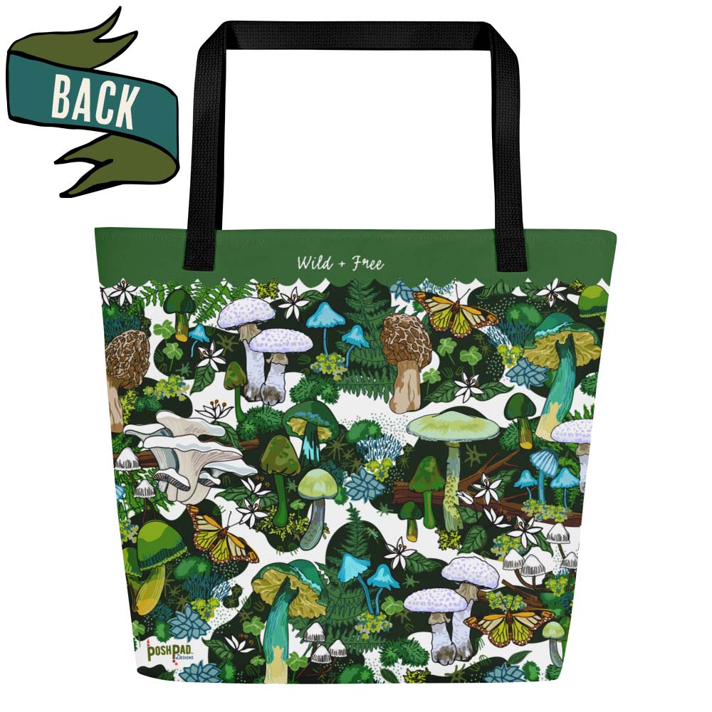 Back of the Green Mushroom Tote w/ Inside Pocket - Weekender | Outdoor Market Shopping | Carry-All for Picnics & Pet Gear | Reusable Fabric Bag