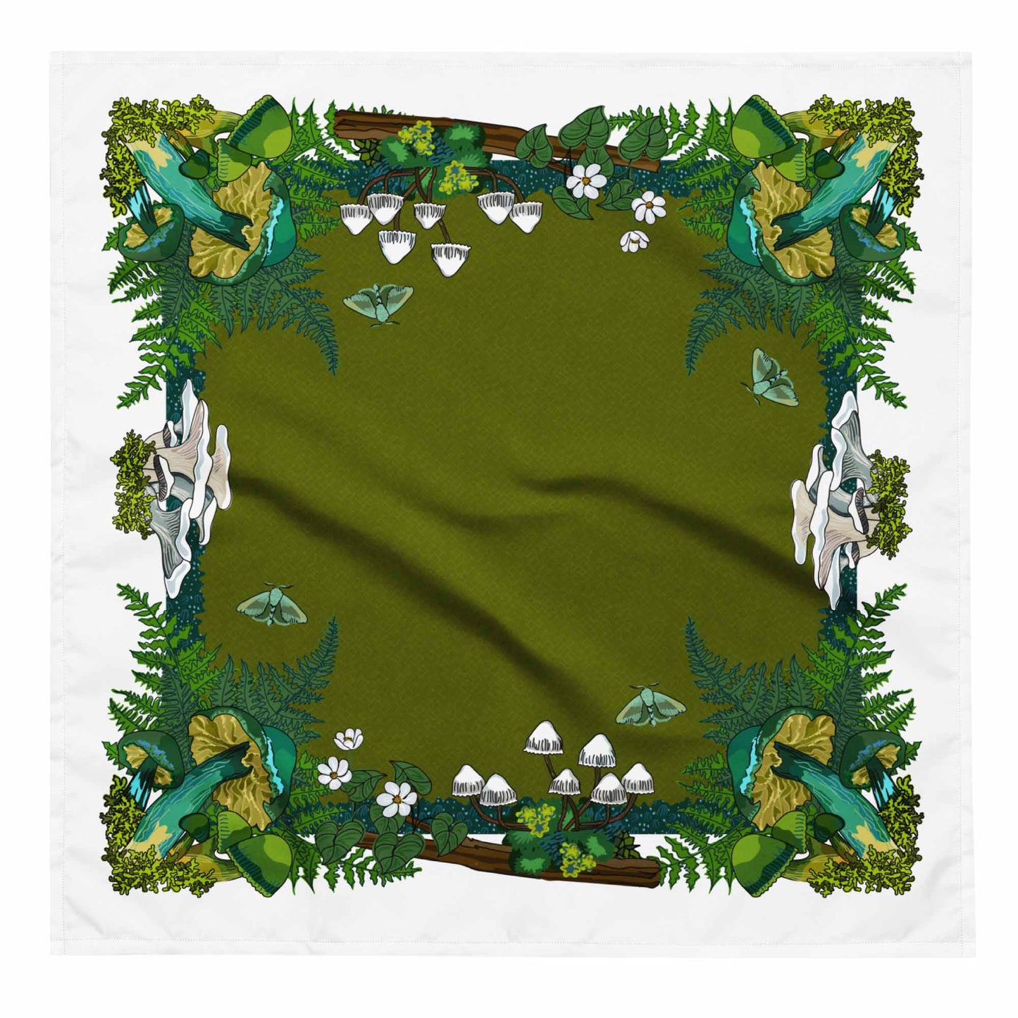 Green Mushrooms and Moth Eco-Friendly Bandana | Head Scarf | Eco-friendly Recycled Material | SPF Protection | Large Size