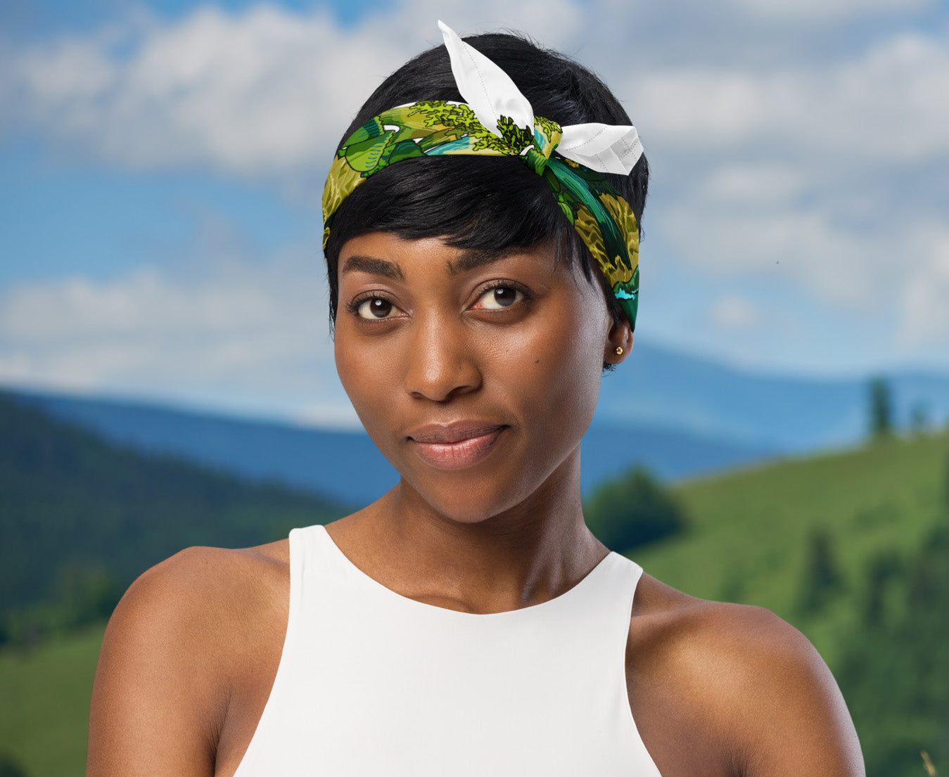 Woman wearing the bandana as a head wrap.