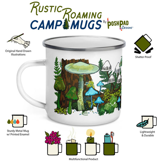 This is an infographic showing the product perks of the mug. Features include original hand-drawn illustration, sturdy metal construction with printed enamel, light-weight, and durable. Product uses include holding flowers, hot drinks, candle holder.