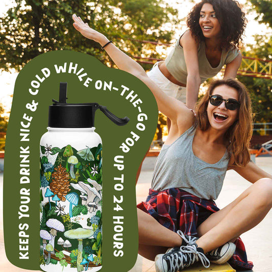 There is a photo of the water bottle laid on top of a green organic shape. The words "Keeps you drink nice & cold while on the go for up to 24 hours" are written around the water bottle. There's a background photo of two women in an urban setting. One woman is pushing the other on a skateboard.