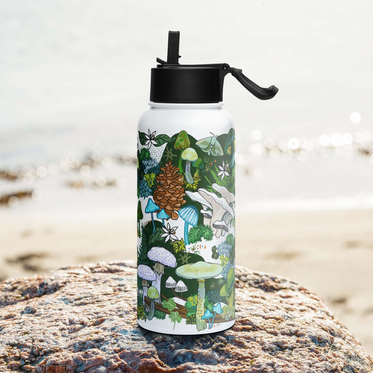 Right side of the Green Mushroom Insulated Water Bottle with Straw Lid | Wild Mountain Mushrooms Forest Art | Outdoorsy Girl Gift