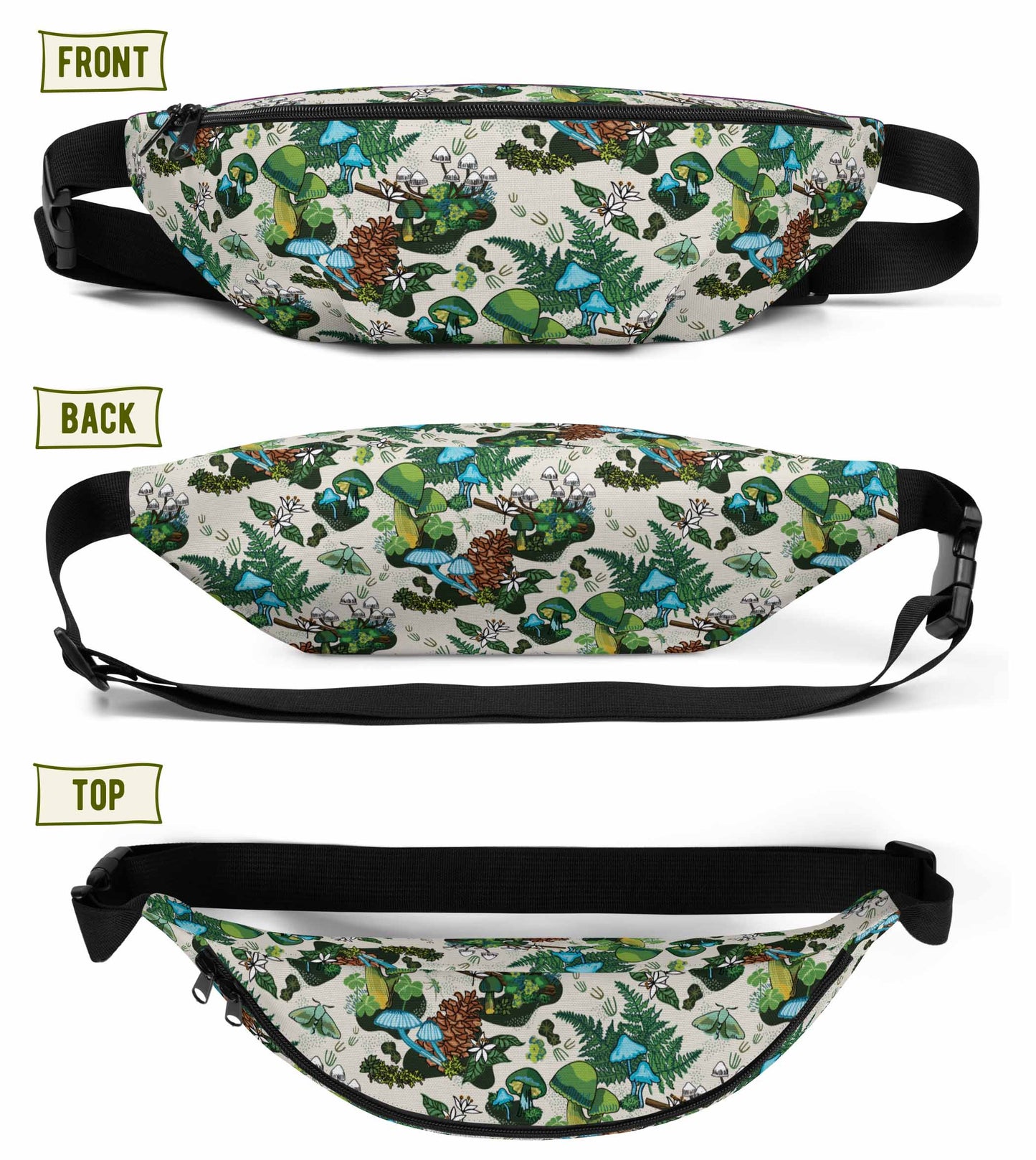 Image shows three views of the hip pack - front, back, and top views.