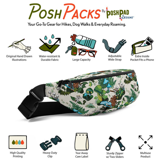 This is an infographic showing a photo of the green mushroom hip pack with mini illustrations around it. The illustrations show the pack perks like the adjustable strap, extra pocket, large capacity, and water-resistant fabric.