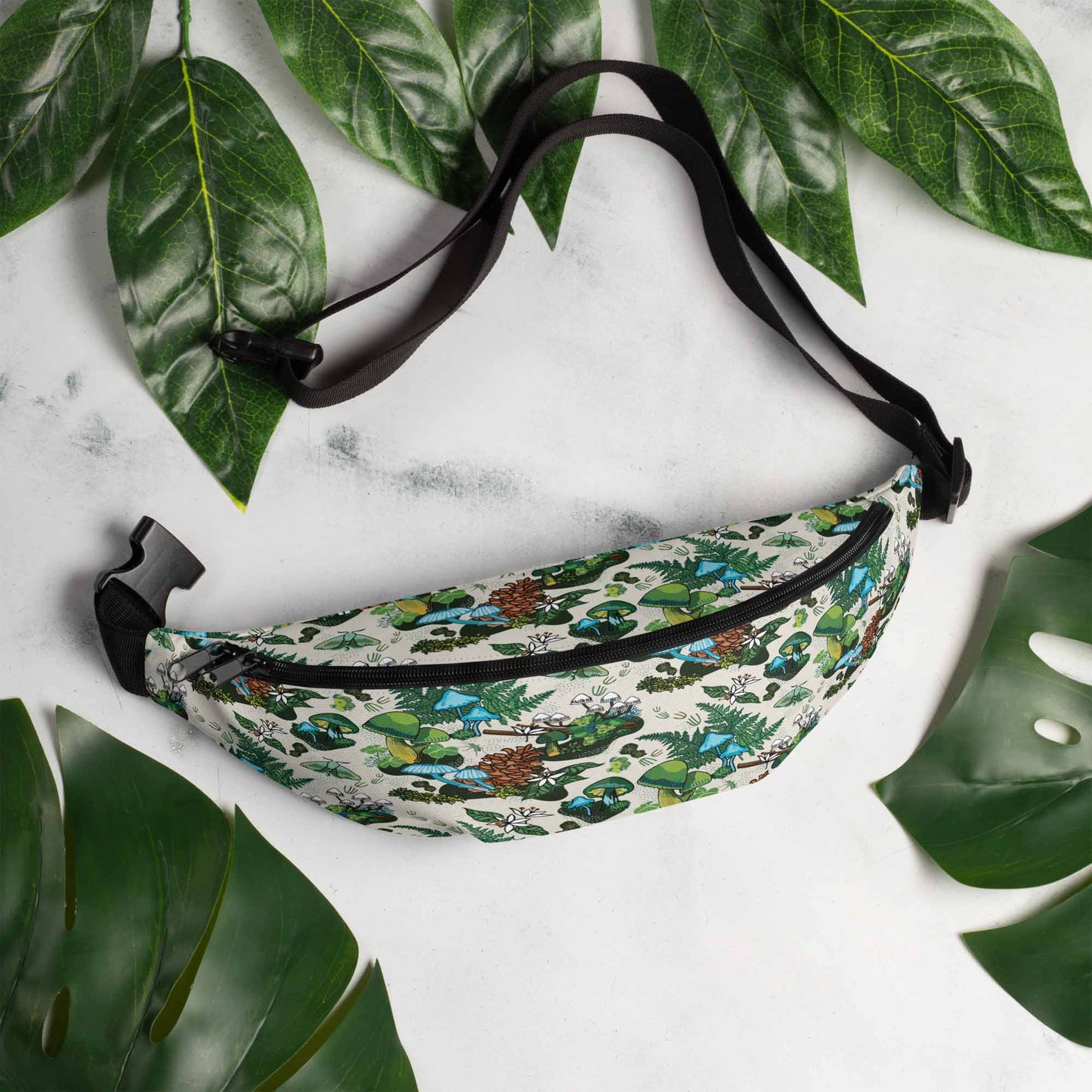 Green Mushrooms Hip Pack on marble surrounded by leaves | Hiking Sling Bag | Festival Gear