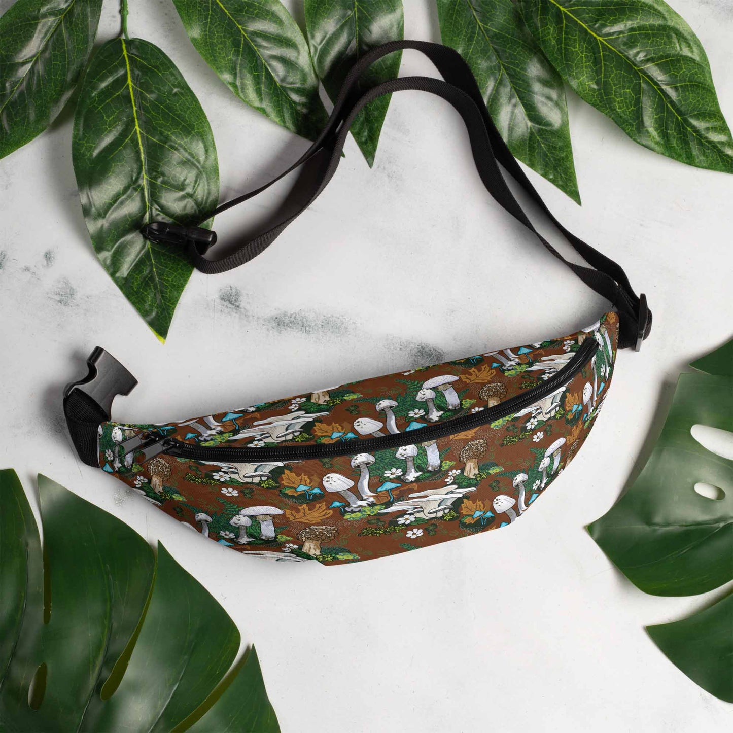White Mushrooms Hip Pack on marble surrounded by leaves | Hiking Sling Bag | Festival Gear