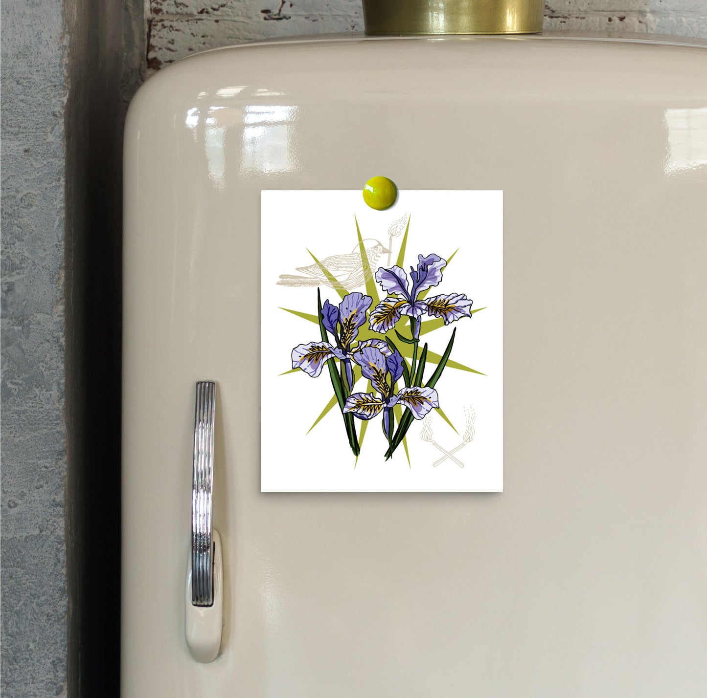 Wild Iris and Bird art print hung on a refrigerator door with a magnet.