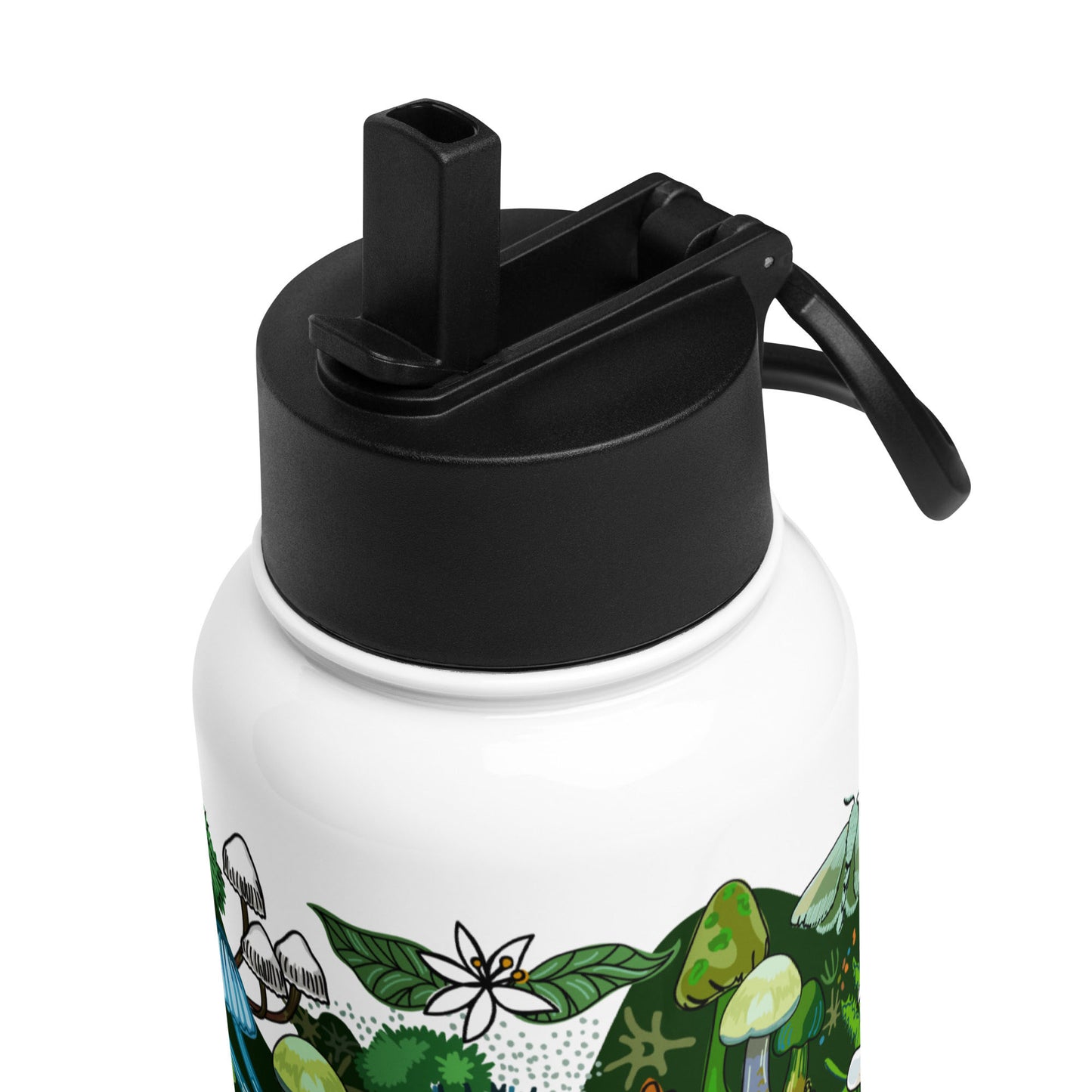 This is a close-up image of the black lid that shows the adjustable handle and the pop-up straw.