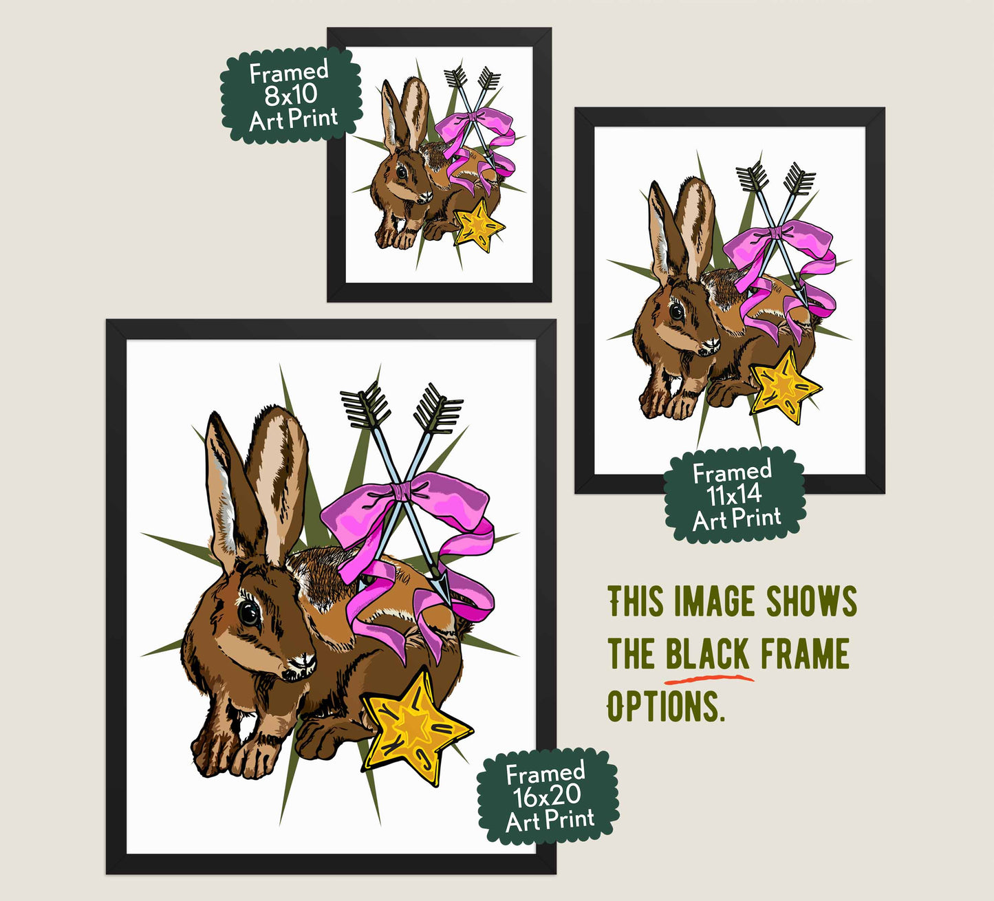 This image shows the three available sizes, which are 8x10, 11x14, and 16x20. This image shows them all in black wood frames.