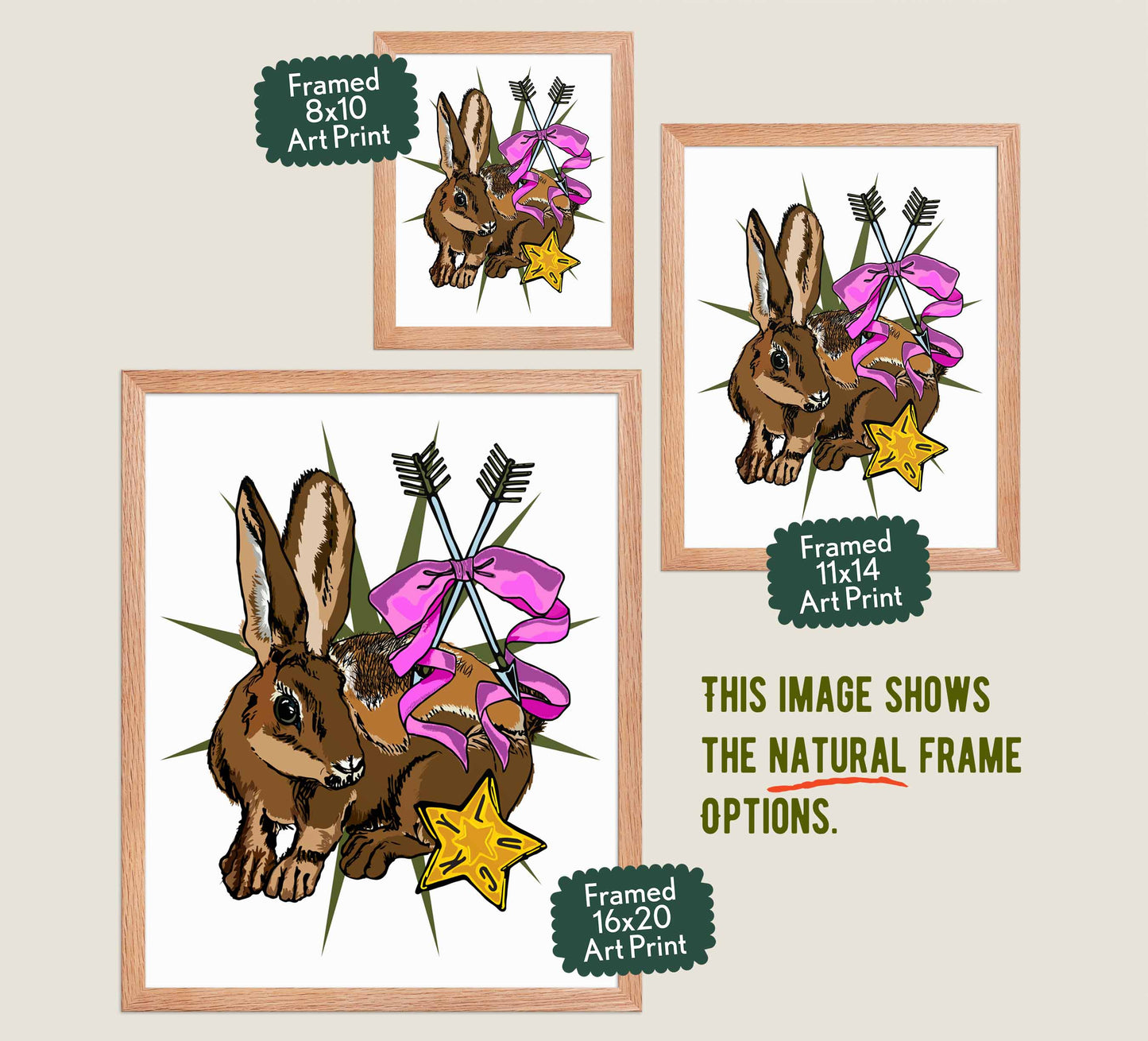 This image shows the three available sizes, which are 8x10, 11x14, and 16x20. This image shows them all in natural wood frames.