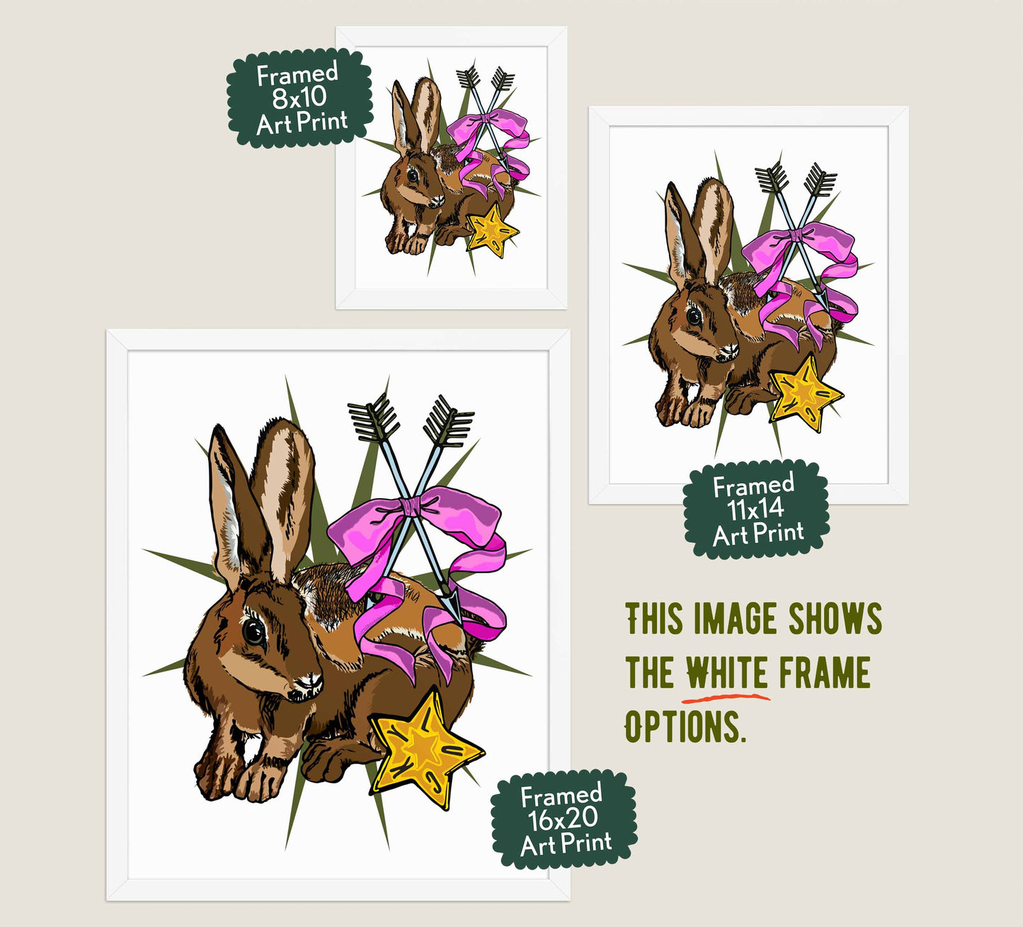 This image shows the three available sizes, which are 8x10, 11x14, and 16x20. This image shows them all in white wood frames.