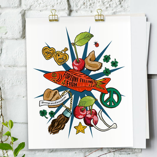 Lucky Charms art print hanging from a white bring wall with gold clips.