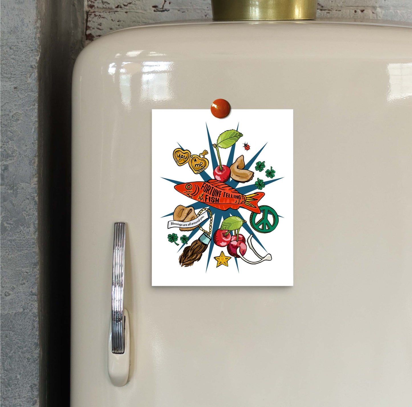Lucky Charms art print hung on a refrigerator door with a magnet.
