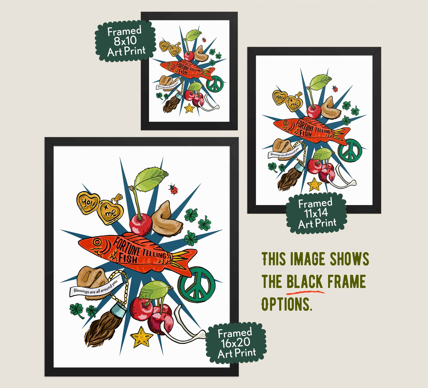 This image shows the three available sizes, which are 8x10, 11x14, and 16x20. This image shows them all in black wood frames.