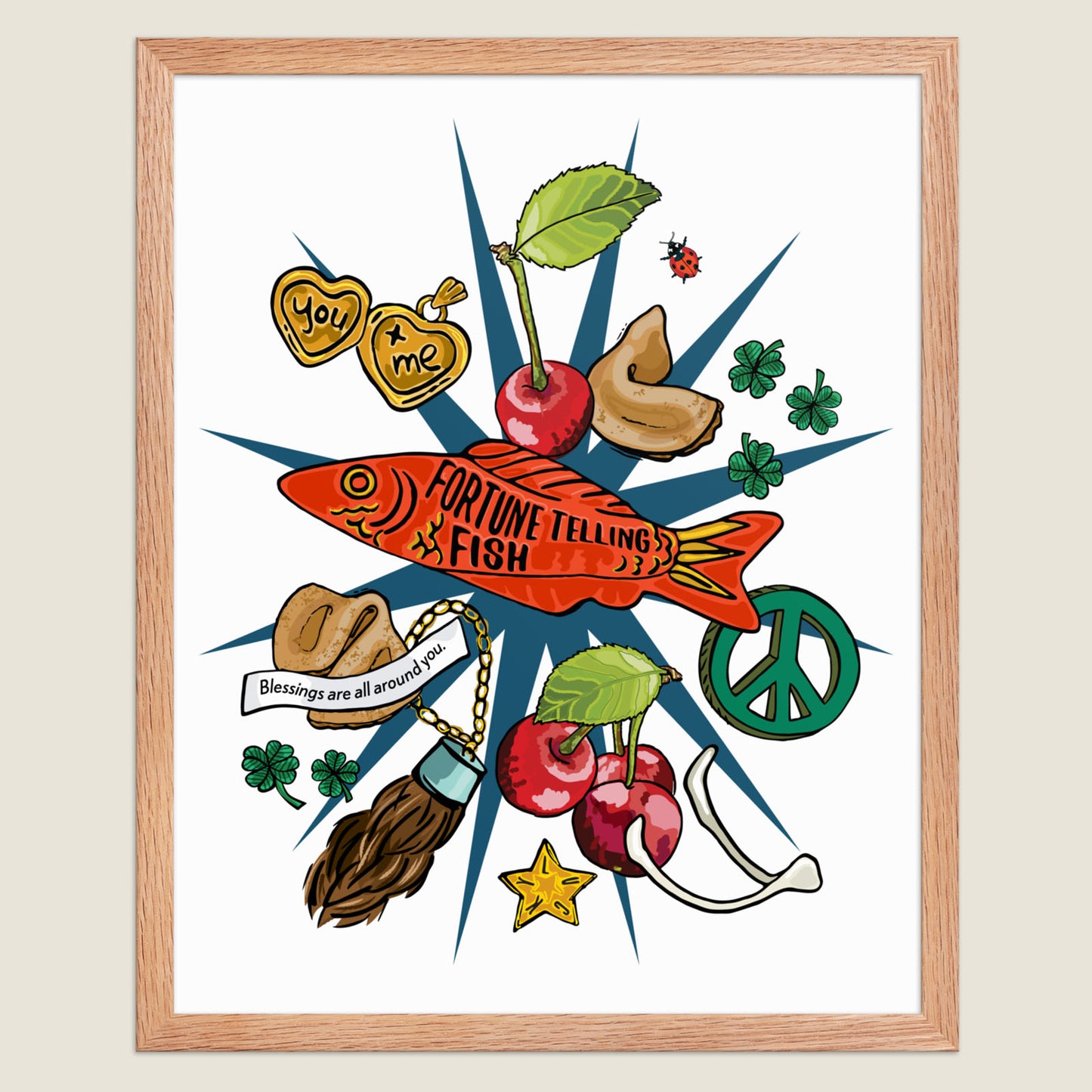 Lucky Charms art print in a natural wood frame.
