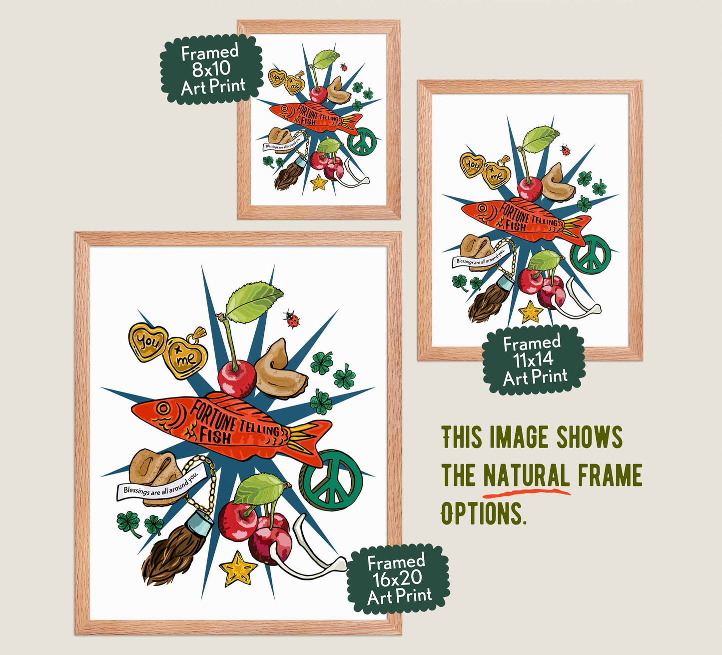 This image shows the three available sizes, which are 8x10, 11x14, and 16x20. This image shows them all in natural wood frames.