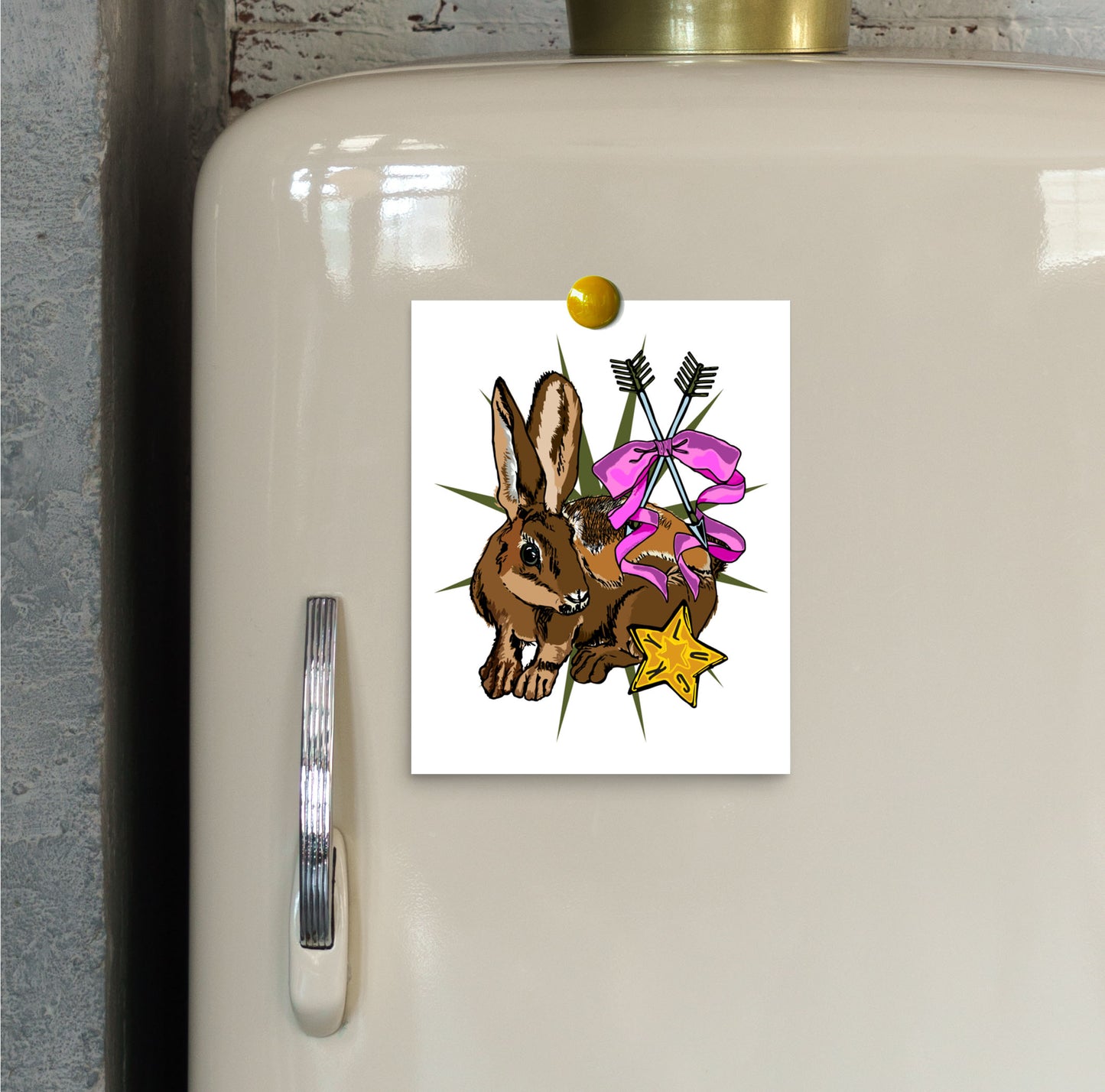 Lucky Rabbit's Path art print hung on a refrigerator door with a magnet.