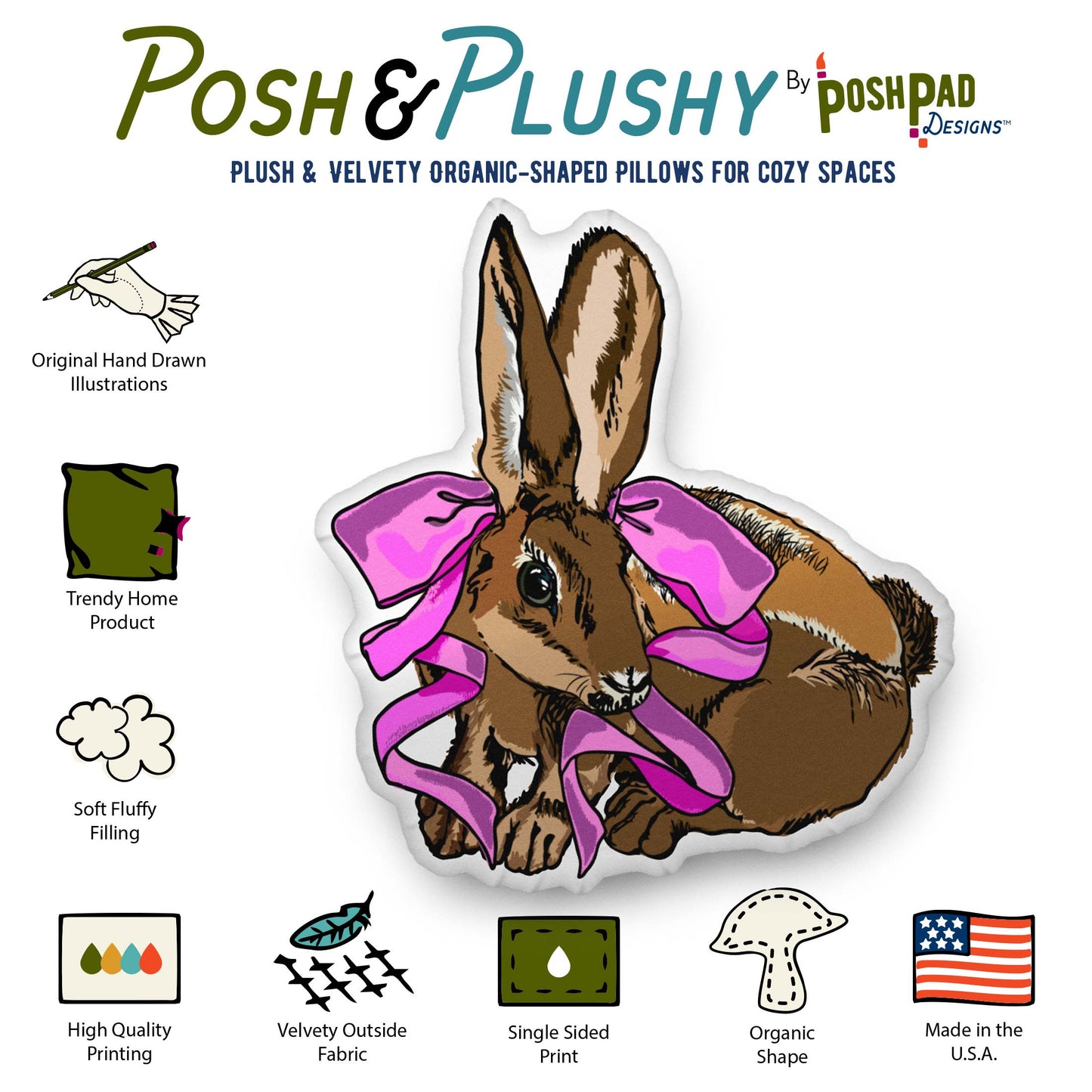 This is an infographic showing the pillow perks. Those perks include hand-drawn illustration, trending home product, soft fluffy filling, high-quality printing, velvety fabric, organic shape, and made in the U.S.A.