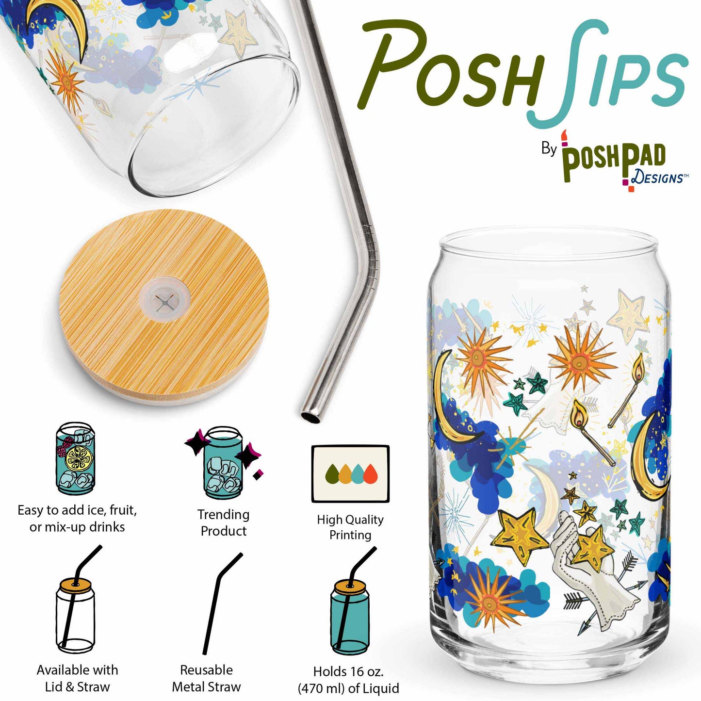 This infographic shows an angle of the glass with the lid and straw sitting beside it and a photo of the glass by itself. Product perks include a wide top that makes it easy to add ice and fruit, high-quality printing, an available option with a reusable metal straw and eco-friendly bamboo lid, and it holds 16 ounces of liquid.