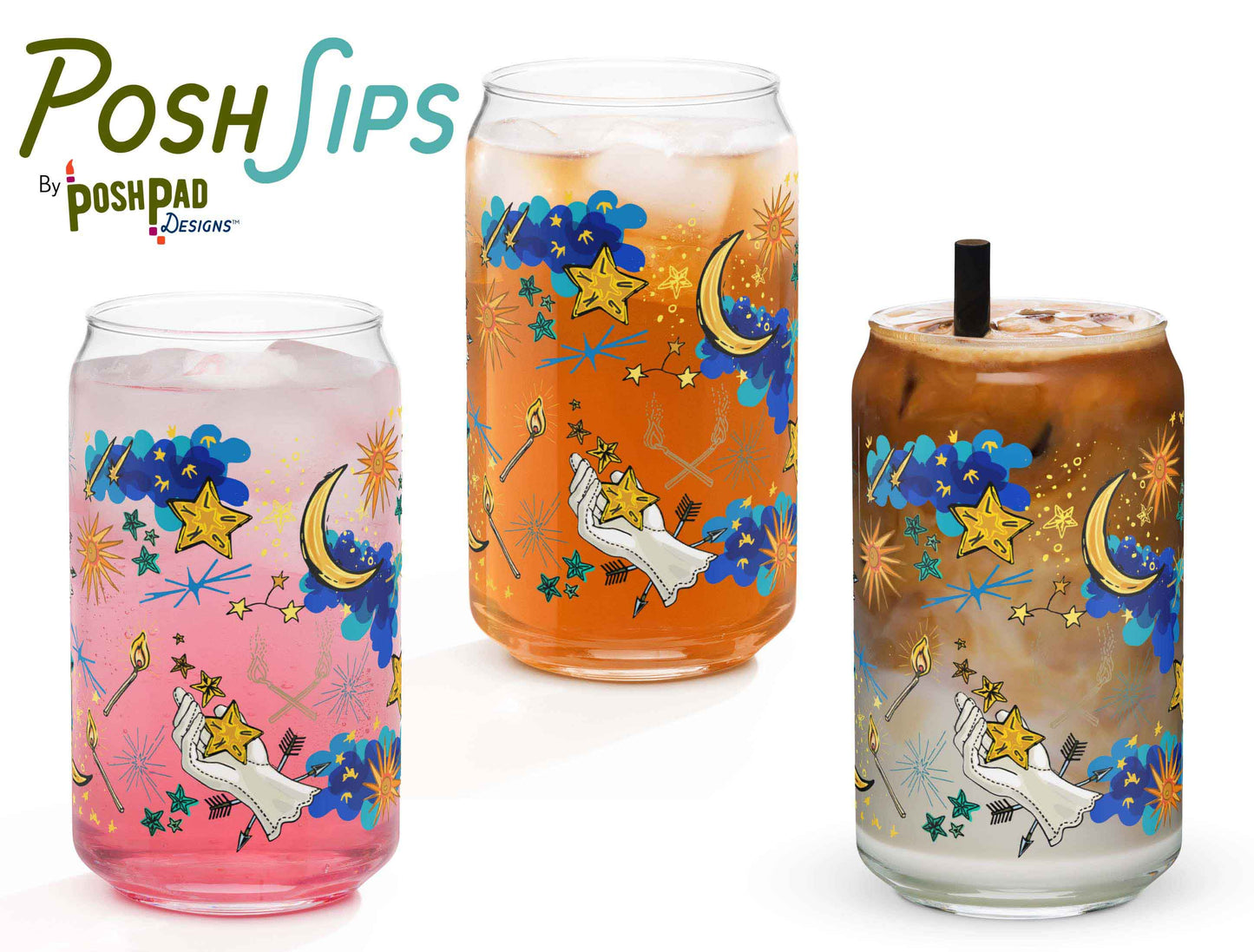 This image shows three glasses, each one with a different drink to show how the glass looks with differently colored liquid in it. There's a glass of pink drink, iced tea, and another with an iced latte.