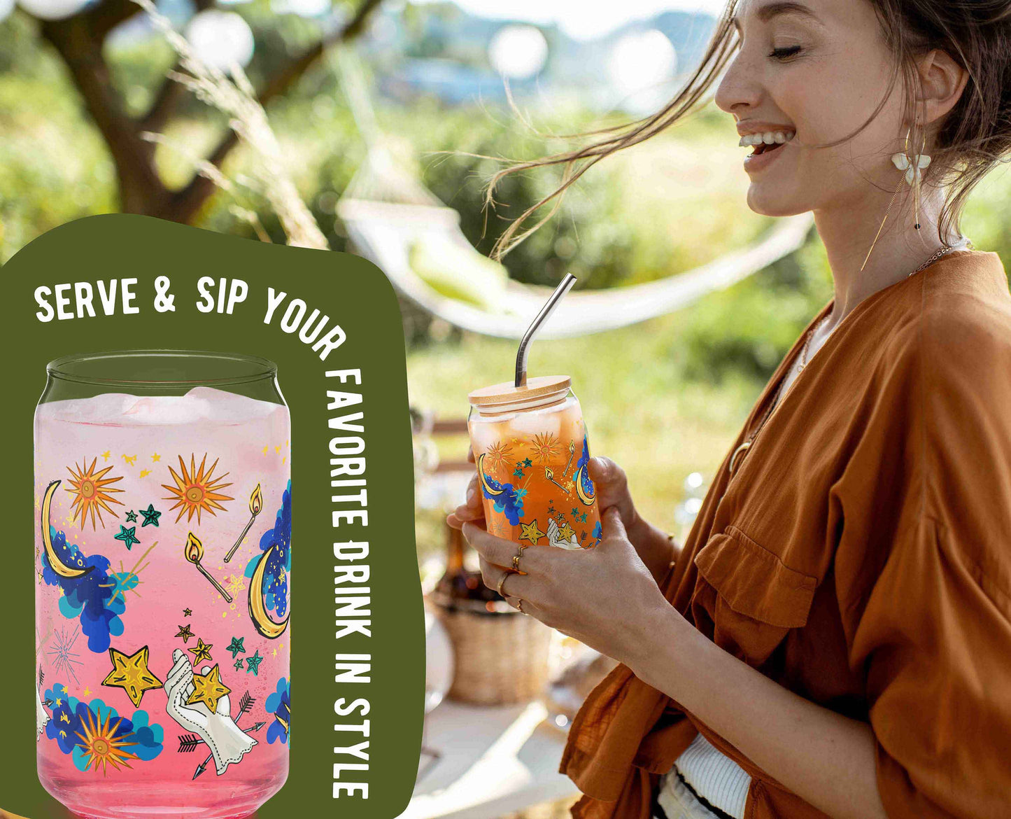 This is a photo of the glass with ice and a pink drink in it. It's laid over an organic green shape with the words "Serve & sip your favorite drink in style" written around the glass. This is laid over a photo of a woman holding the glass at a picnic.