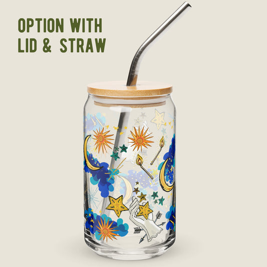 Image of the glass tumbler with the lid and straw option.