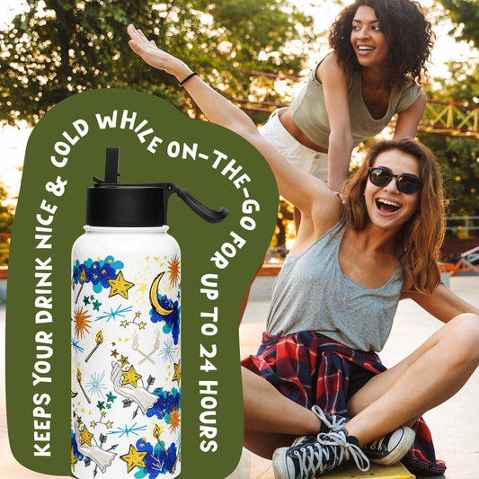 There is a photo of the water bottle laid on top of a green organic shape. The words "Keeps you drink nice & cold while on the go for up to 24 hours" are written around the water bottle. There's a background photo of two women in an urban setting. One woman is pushing the other on a skateboard.
