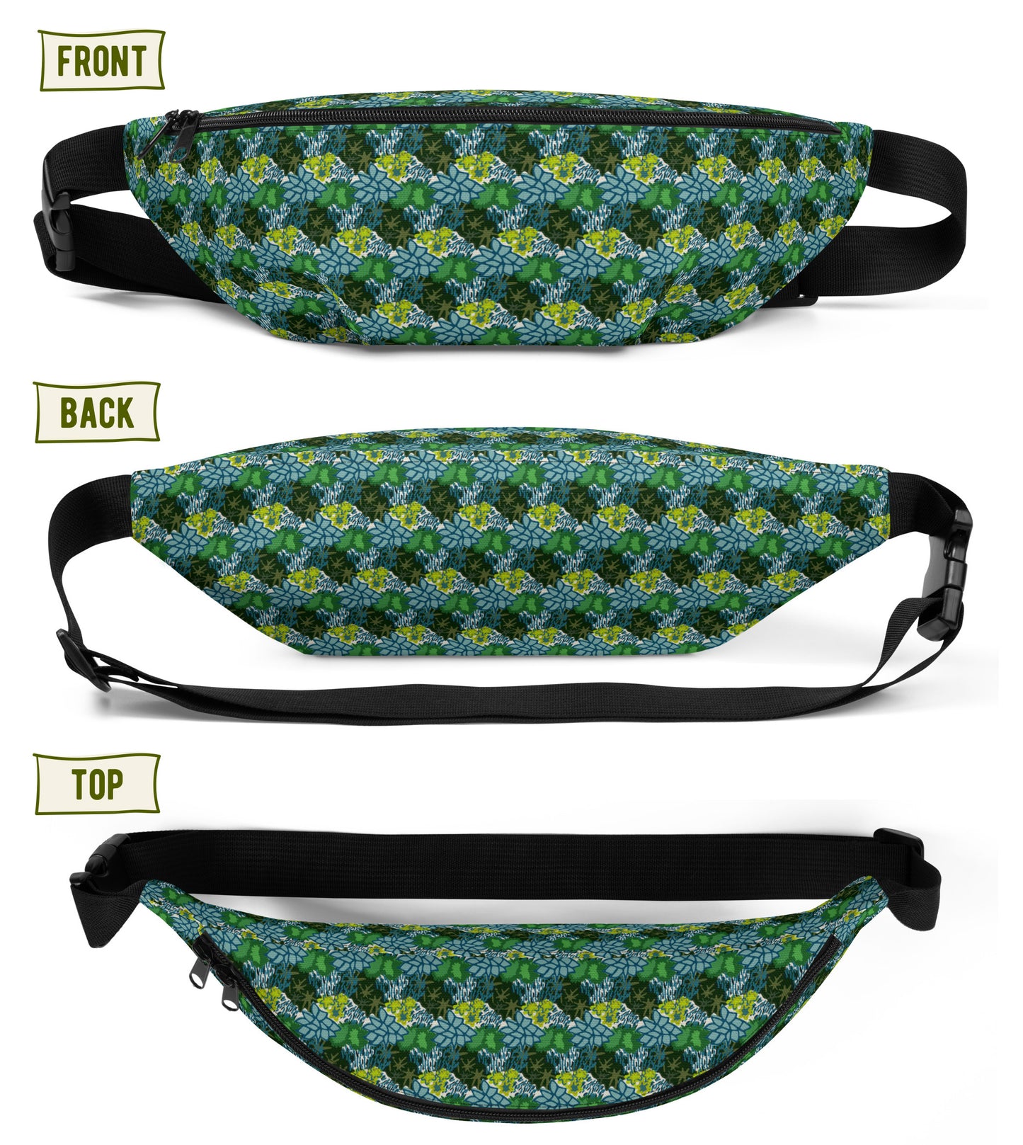 Image of the pack from different angles showing the front, back, and top.