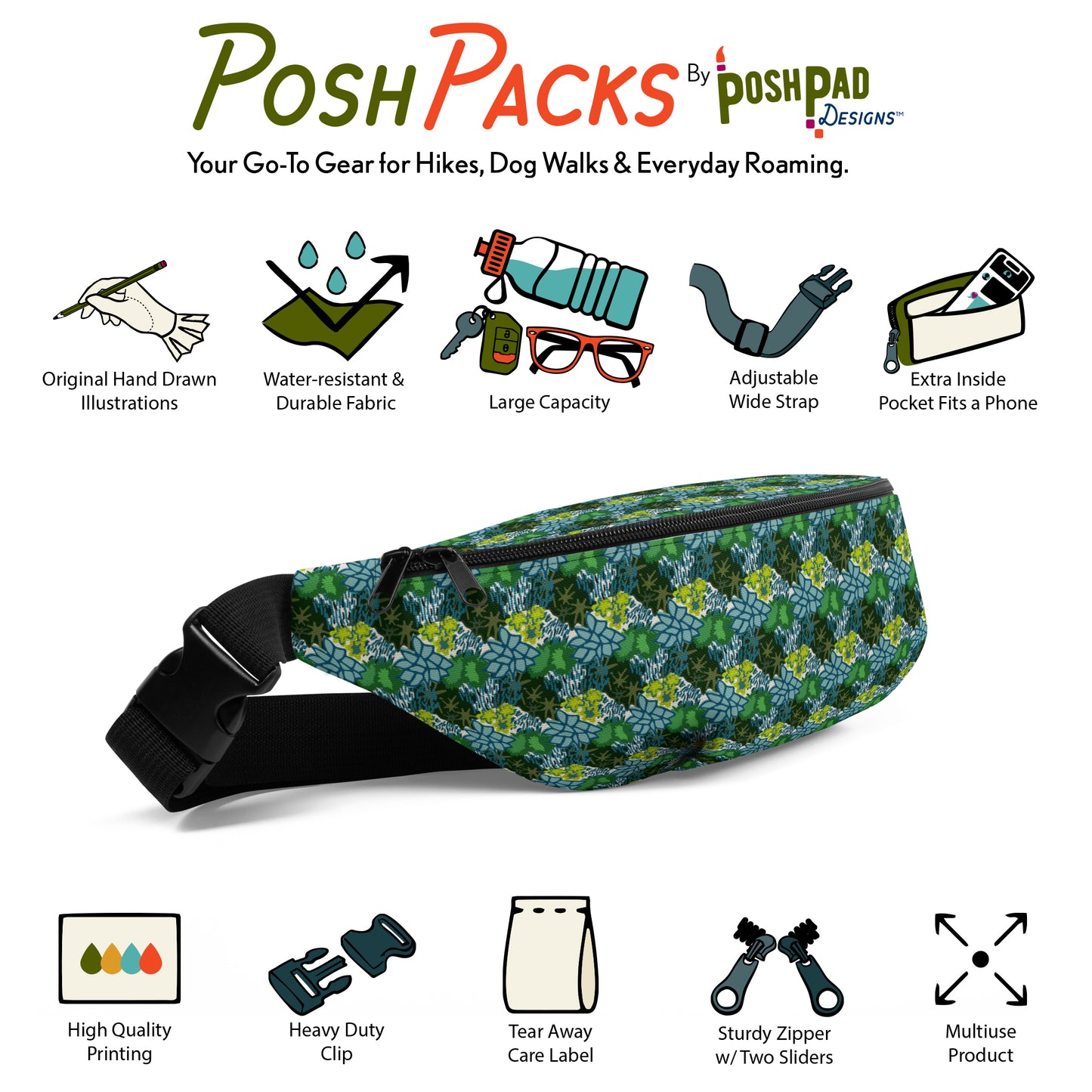 This is an infographic showing a photo of the pack with mini illustrations around it. The illustrations show the pack perks like the adjustable strap, extra pocket, large capacity, and water-resistant fabric.