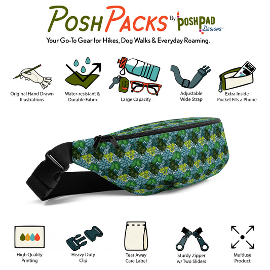 This is an infographic showing a photo of the pack with mini illustrations around it. The illustrations show the pack perks like the adjustable strap, extra pocket, large capacity, and water-resistant fabric.