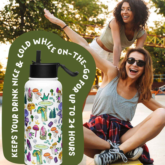 There is a photo of the water bottle laid on top of a green organic shape. The words "Keeps you drink nice & cold while on the go for up to 24 hours" are written around the water bottle. There's a background photo of two women in an urban setting. One woman is pushing the other on a skateboard.