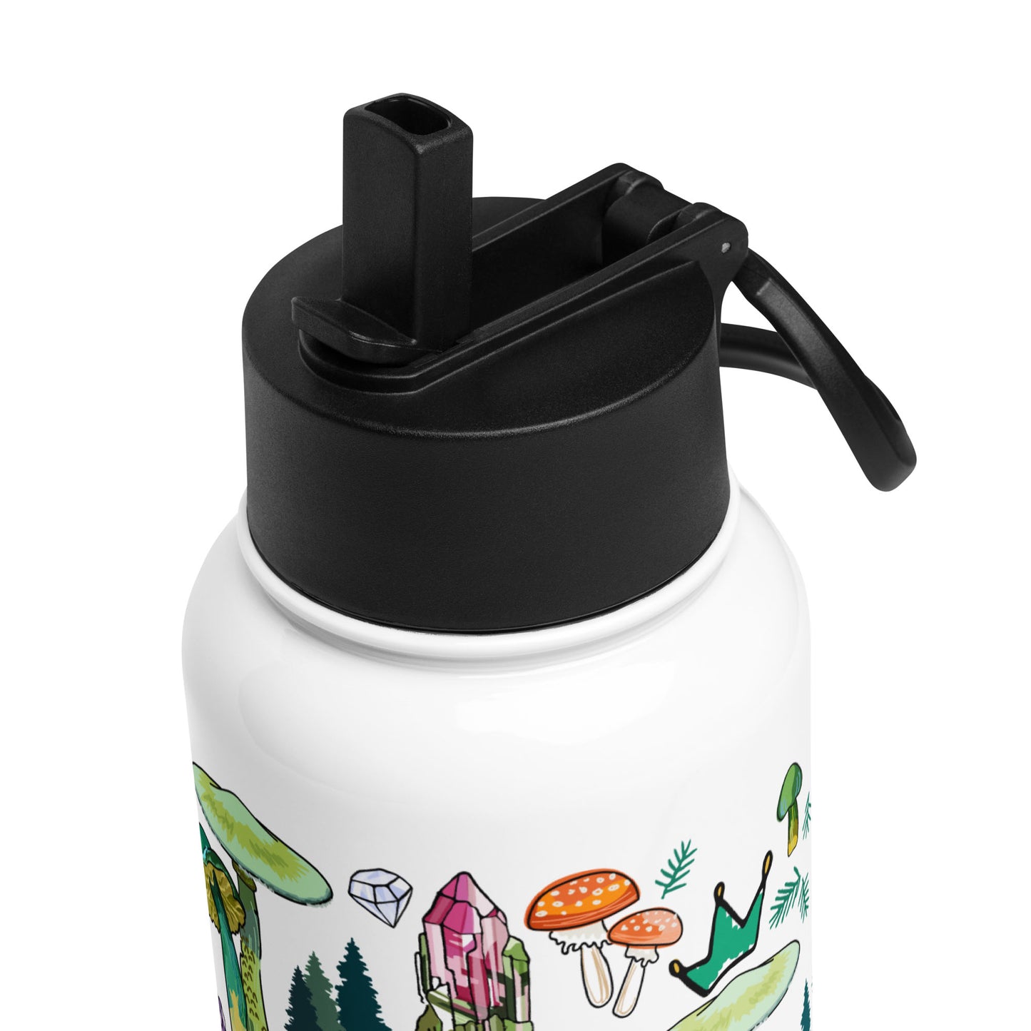 This is a close-up image of the black lid that shows the adjustable handle and the pop-up straw.